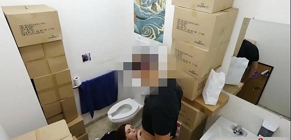  Lovely babe gives head and fucked in pawnshops toilet